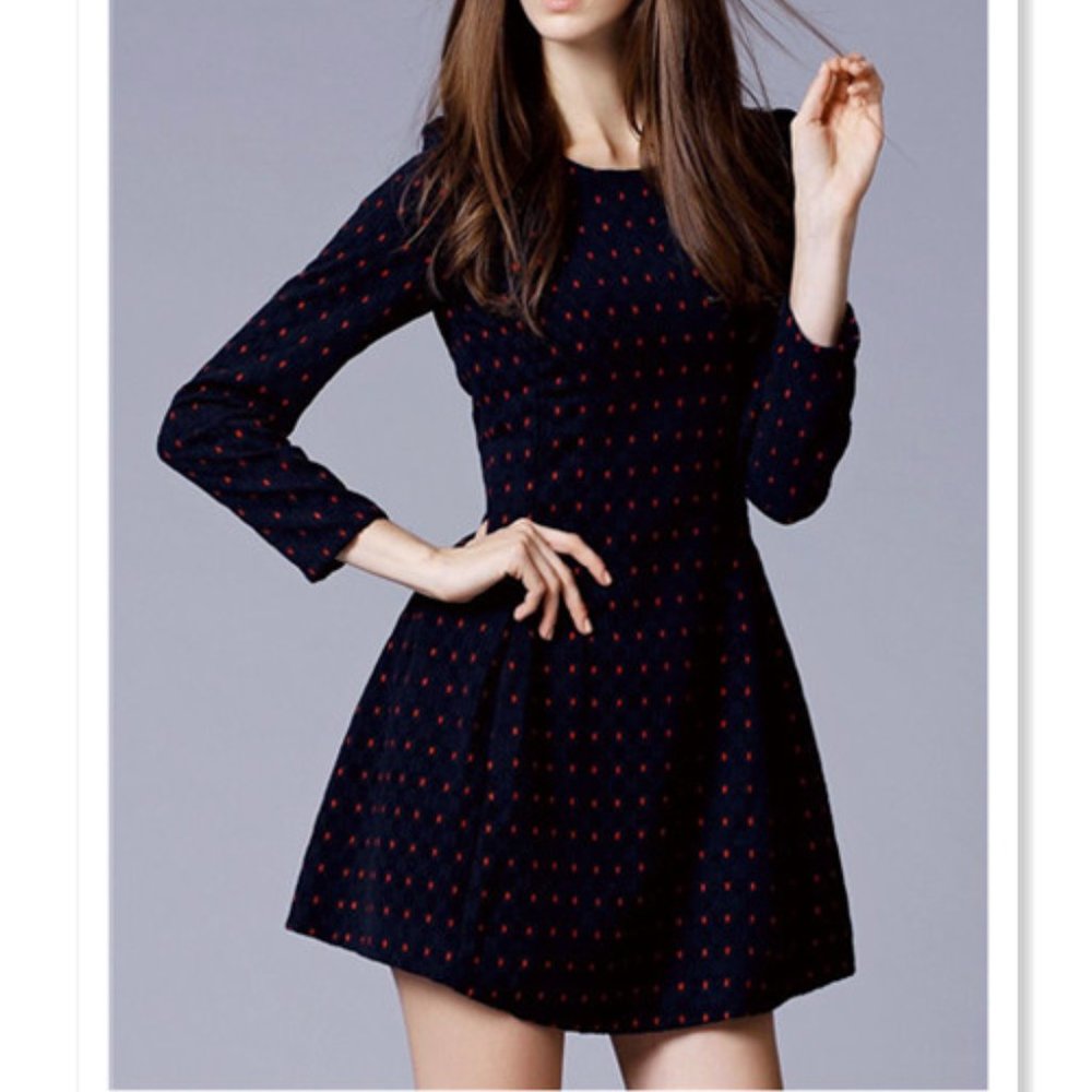 Navy Long Sleeve Slim A Line Dress
